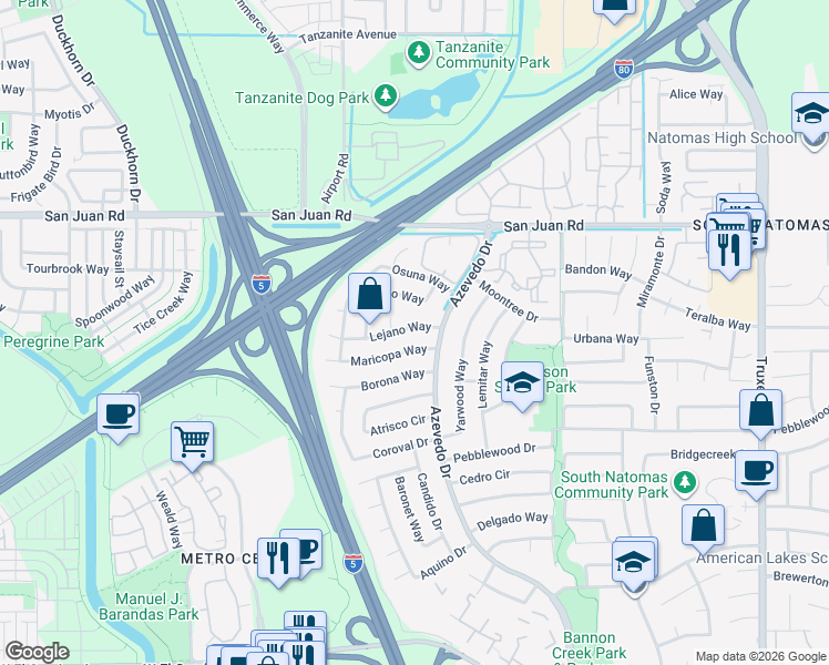 map of restaurants, bars, coffee shops, grocery stores, and more near 2170 Maricopa Way in Sacramento