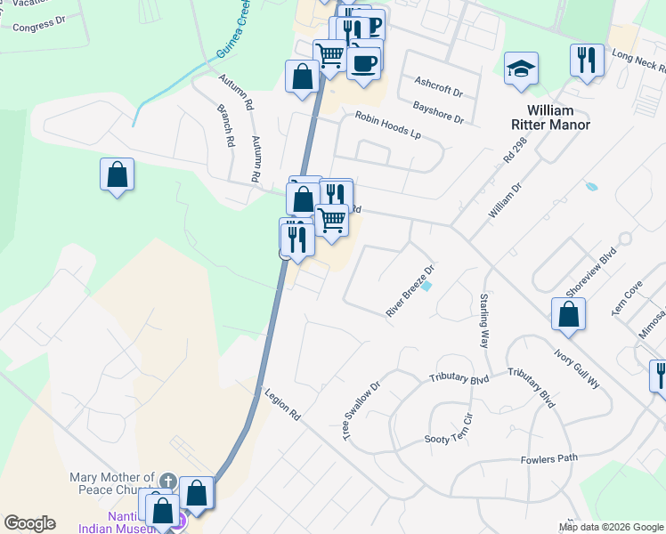 map of restaurants, bars, coffee shops, grocery stores, and more near 26647 River Breeze Drive in Millsboro