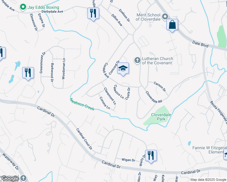 map of restaurants, bars, coffee shops, grocery stores, and more near 15108 Calexico Lane in Woodbridge