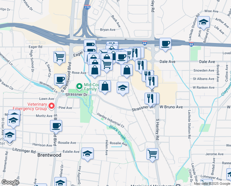 map of restaurants, bars, coffee shops, grocery stores, and more near 1423 Strassner Drive in Brentwood