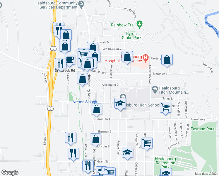 map of restaurants, bars, coffee shops, grocery stores, and more near 1043 Lupine Road in Healdsburg