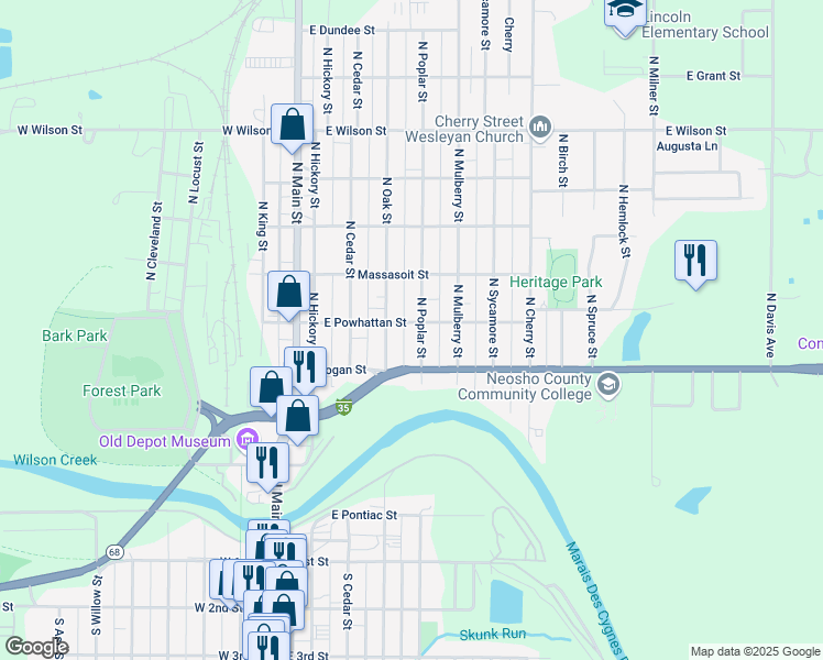 map of restaurants, bars, coffee shops, grocery stores, and more near 510 North Poplar Street in Ottawa