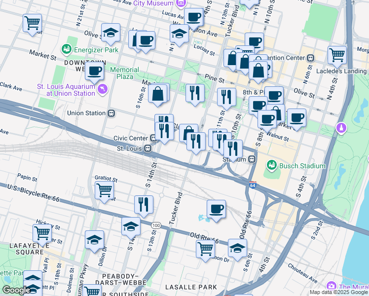 map of restaurants, bars, coffee shops, grocery stores, and more near 1222 Spruce Street in St. Louis