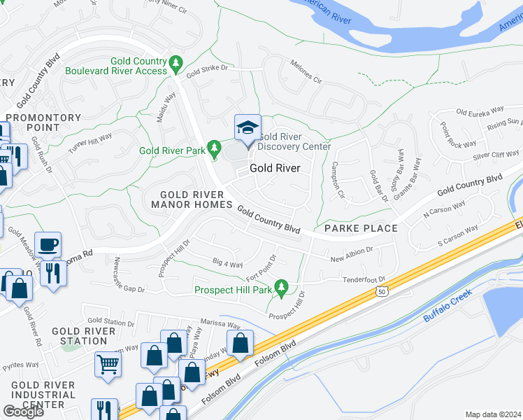 map of restaurants, bars, coffee shops, grocery stores, and more near 11649 Gold Country Boulevard in Gold River