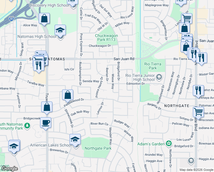 map of restaurants, bars, coffee shops, grocery stores, and more near 3158 Prince Henry Drive in Sacramento