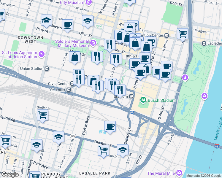 map of restaurants, bars, coffee shops, grocery stores, and more near 183 South 11th Street in St. Louis