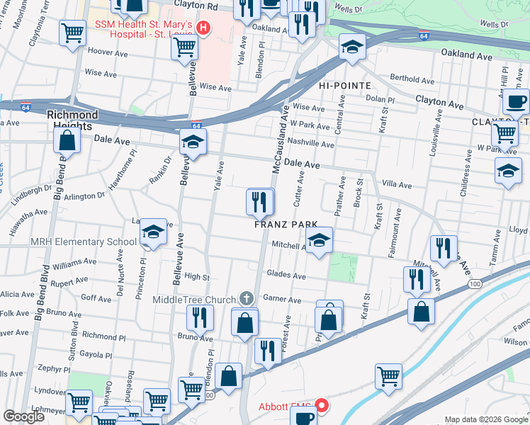 map of restaurants, bars, coffee shops, grocery stores, and more near 1507 McCausland Avenue in St. Louis