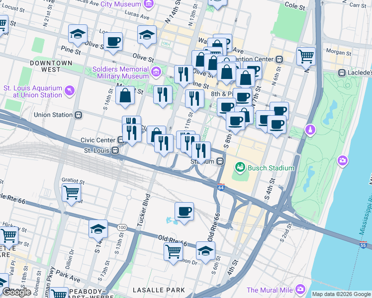 map of restaurants, bars, coffee shops, grocery stores, and more near 183 South 11th Street in St. Louis