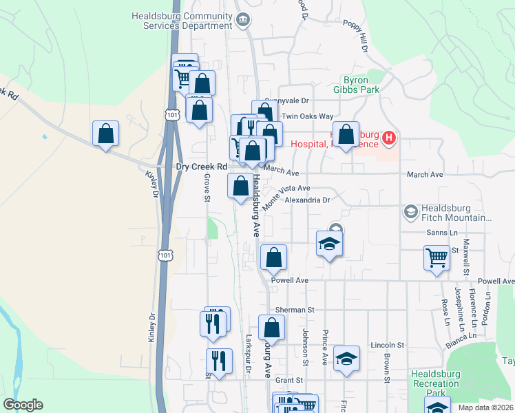 map of restaurants, bars, coffee shops, grocery stores, and more near in Healdsburg