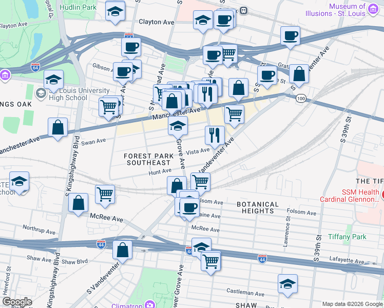 map of restaurants, bars, coffee shops, grocery stores, and more near 4254 Vista Avenue in St. Louis
