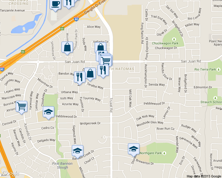 map of restaurants, bars, coffee shops, grocery stores, and more near Truxel Road & Teralba Way in Sacramento