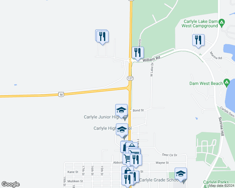 map of restaurants, bars, coffee shops, grocery stores, and more near 19709 Highway 50 in Carlyle