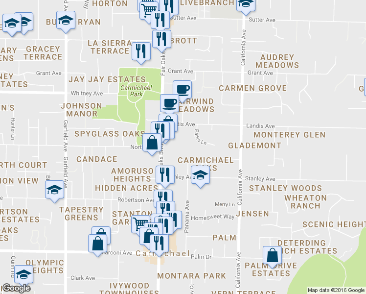 map of restaurants, bars, coffee shops, grocery stores, and more near 3329 Parks Lane in Carmichael