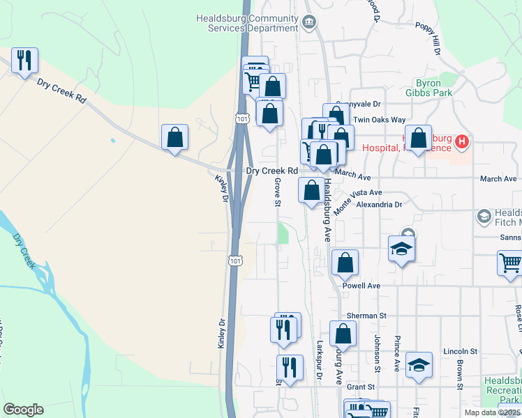 map of restaurants, bars, coffee shops, grocery stores, and more near 1229 Grove Street in Healdsburg
