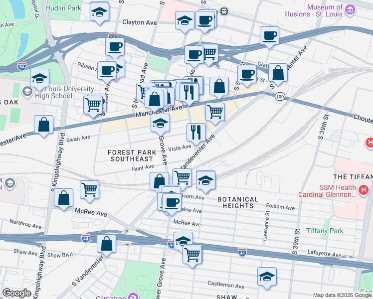 map of restaurants, bars, coffee shops, grocery stores, and more near 4237 Vista Avenue in St. Louis