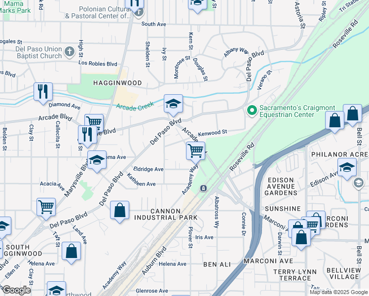 map of restaurants, bars, coffee shops, grocery stores, and more near 3135 Academy Way in Sacramento