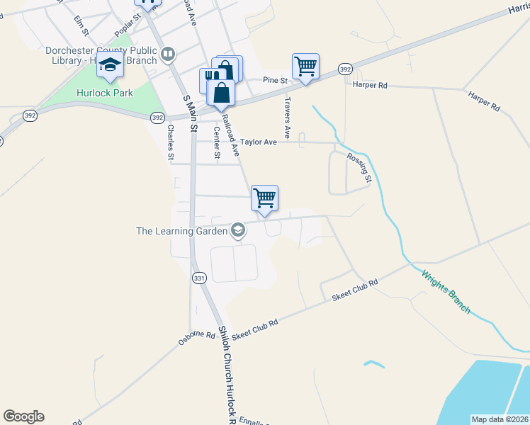 map of restaurants, bars, coffee shops, grocery stores, and more near 200 Jackson Street in Hurlock