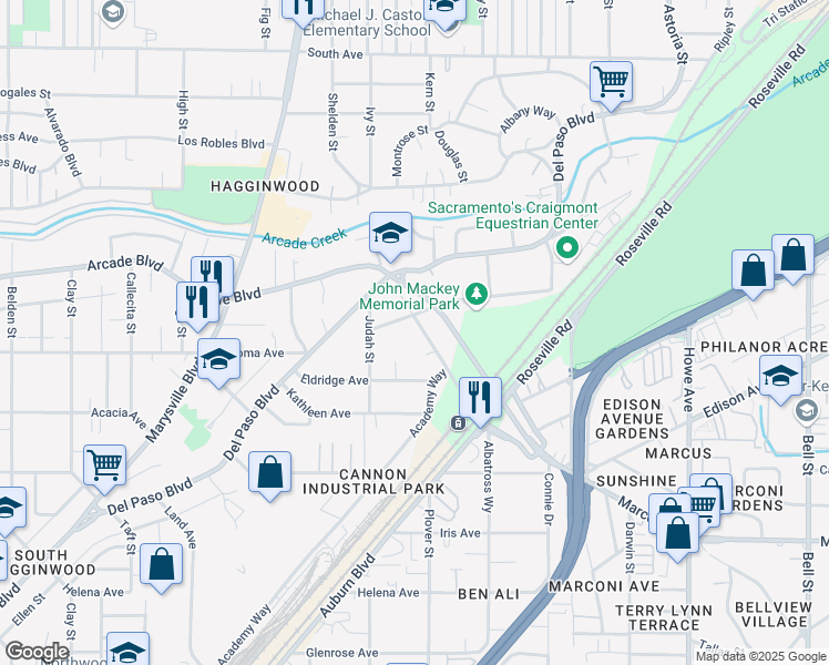 map of restaurants, bars, coffee shops, grocery stores, and more near 3135 Academy Way in Sacramento