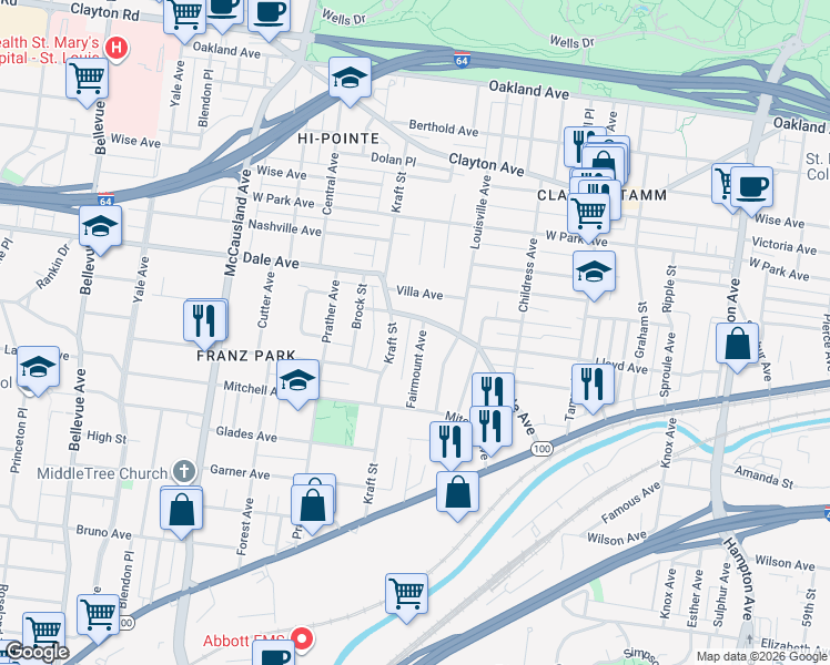 map of restaurants, bars, coffee shops, grocery stores, and more near 6629 Dale Avenue in St. Louis