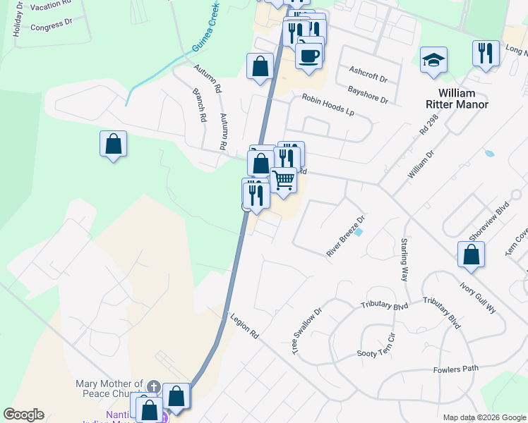 map of restaurants, bars, coffee shops, grocery stores, and more near 26506 Victorias Landing Road in Millsboro
