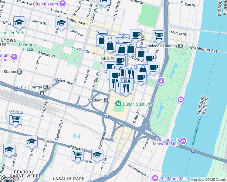 map of restaurants, bars, coffee shops, grocery stores, and more near 8 Cardinal Way in St. Louis
