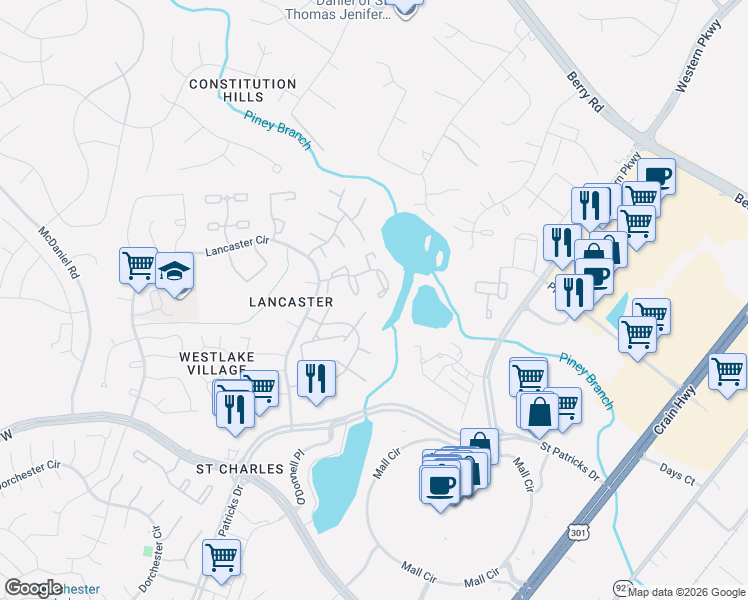 map of restaurants, bars, coffee shops, grocery stores, and more near 4239 Drake Court in Waldorf