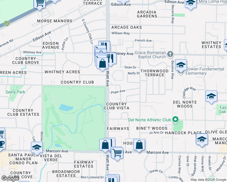 map of restaurants, bars, coffee shops, grocery stores, and more near 3540 Lynne Way in Sacramento