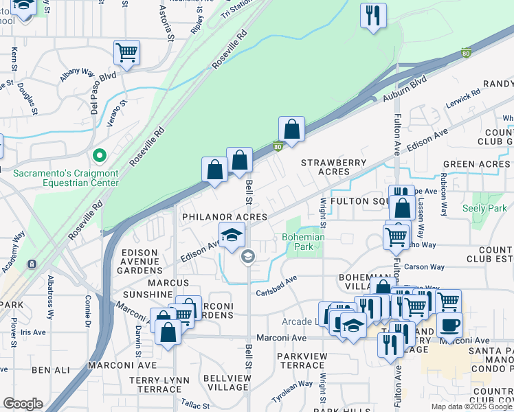 map of restaurants, bars, coffee shops, grocery stores, and more near 3221 Fairview Court in Sacramento