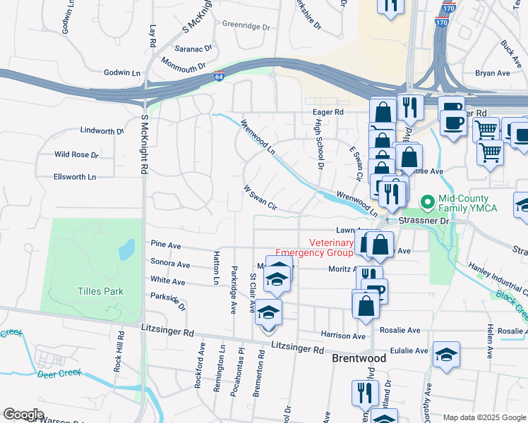 map of restaurants, bars, coffee shops, grocery stores, and more near 9052 West Swan Circle in St. Louis