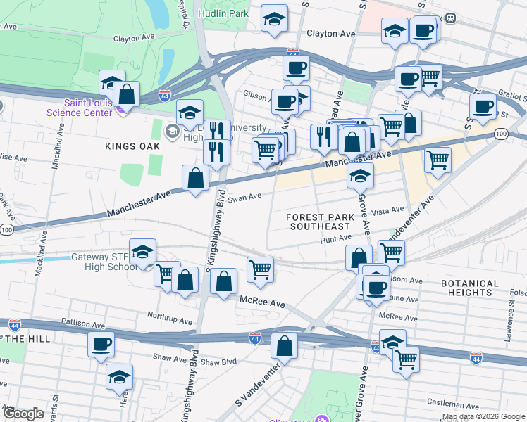 map of restaurants, bars, coffee shops, grocery stores, and more near 4500 Swan Avenue in St. Louis