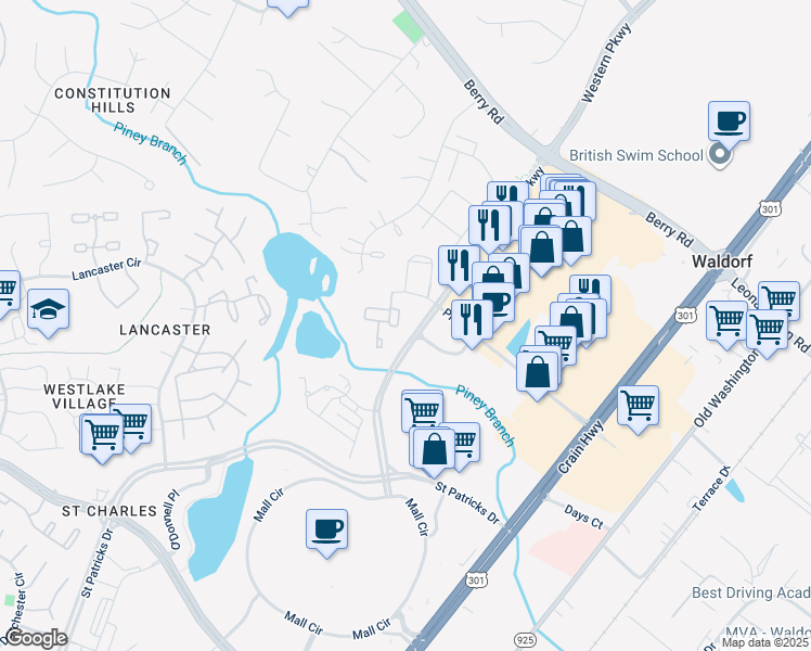 map of restaurants, bars, coffee shops, grocery stores, and more near 11218 Heron Place in Waldorf
