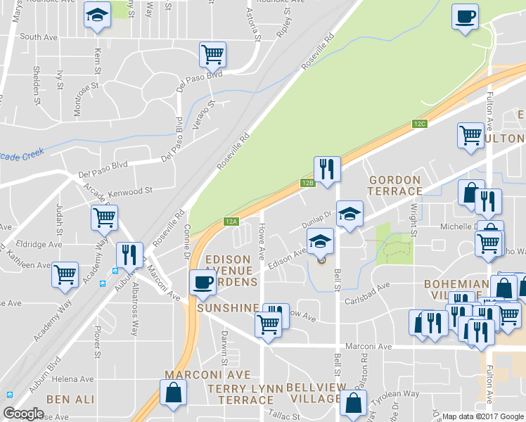 map of restaurants, bars, coffee shops, grocery stores, and more near 2052 Auburn Blvd in Sacramento