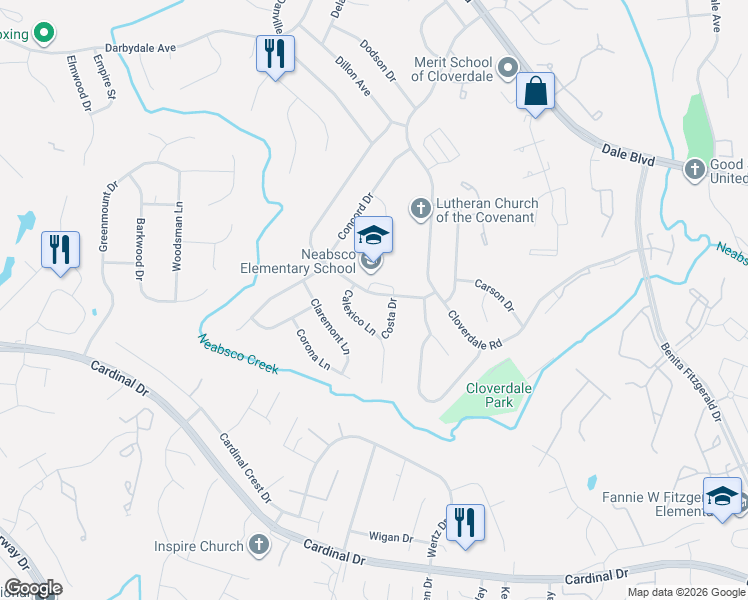 map of restaurants, bars, coffee shops, grocery stores, and more near 3713 Cordell Avenue in Woodbridge