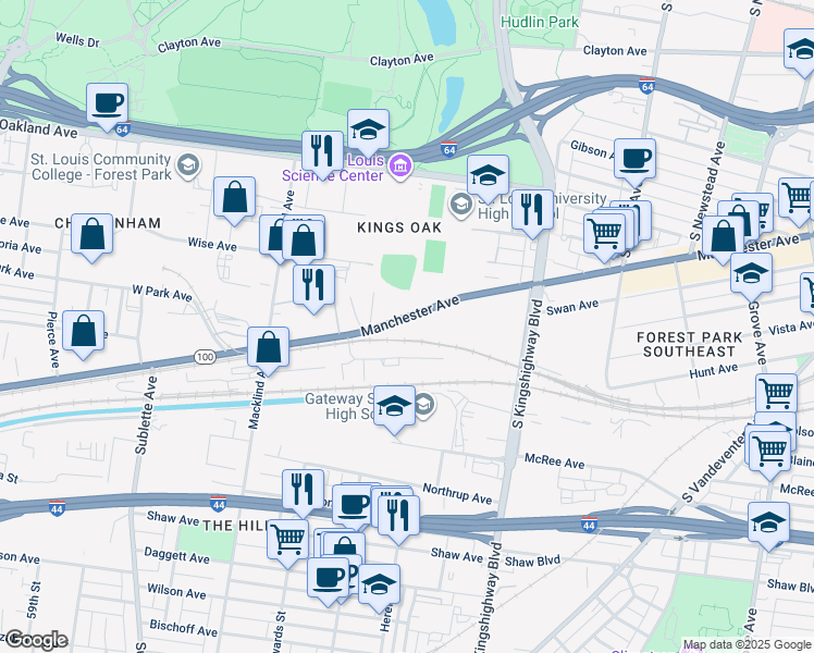 map of restaurants, bars, coffee shops, grocery stores, and more near 4901-5099 State Highway 100 in St Louis