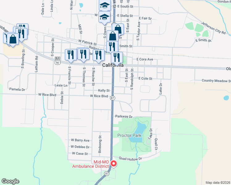 map of restaurants, bars, coffee shops, grocery stores, and more near 802 South Oak Street in California