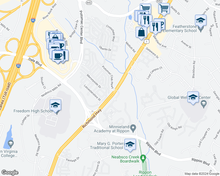 map of restaurants, bars, coffee shops, grocery stores, and more near 2169 Potomac Club Parkway in Woodbridge