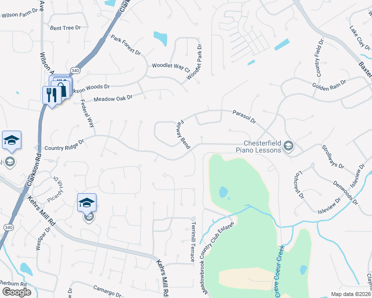 map of restaurants, bars, coffee shops, grocery stores, and more near 2079 Meadowbrook Way Drive in Chesterfield