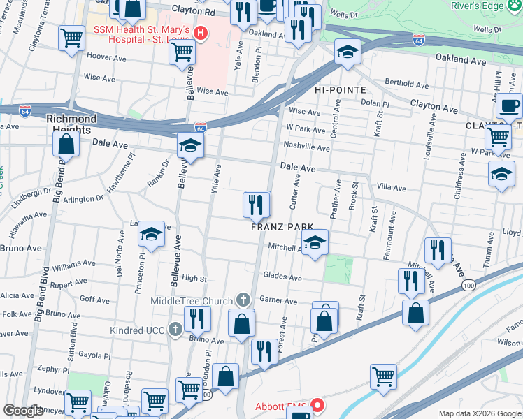 map of restaurants, bars, coffee shops, grocery stores, and more near 1507 McCausland Avenue in St. Louis