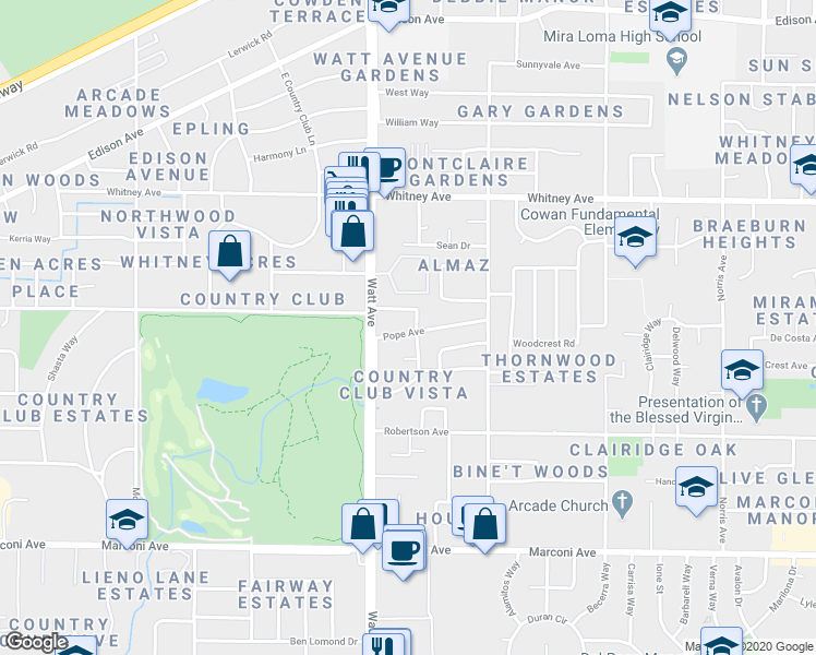map of restaurants, bars, coffee shops, grocery stores, and more near 3540 Lynne Way in Sacramento