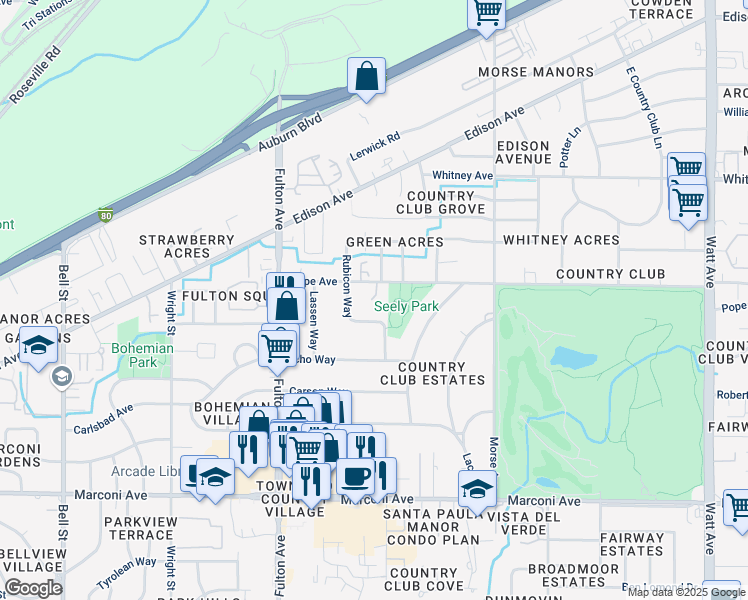 map of restaurants, bars, coffee shops, grocery stores, and more near 2780 Pope Avenue in Sacramento