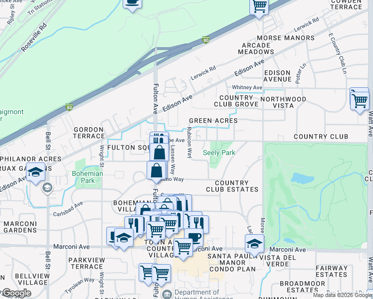 map of restaurants, bars, coffee shops, grocery stores, and more near 3250 Lassen Way in Sacramento
