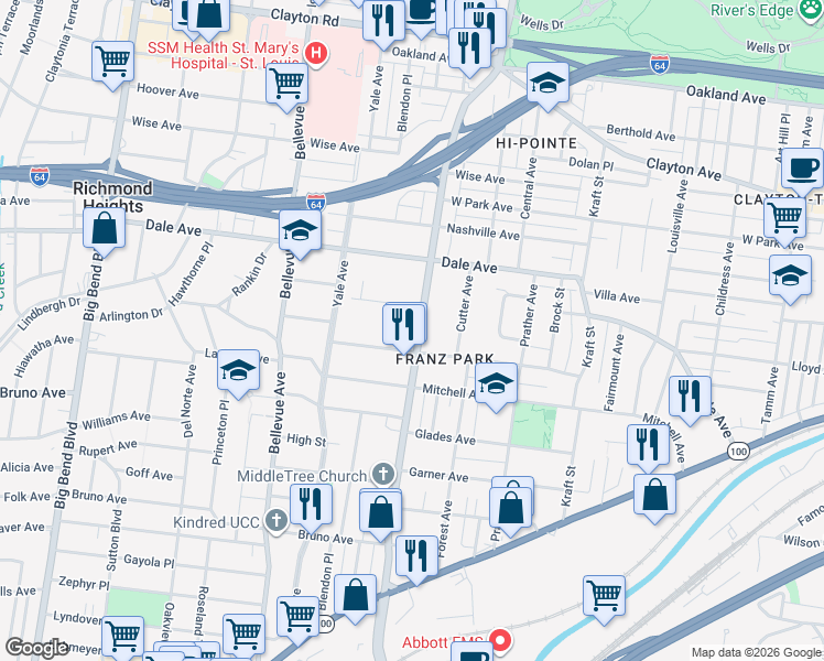 map of restaurants, bars, coffee shops, grocery stores, and more near 1507 McCausland Avenue in St. Louis