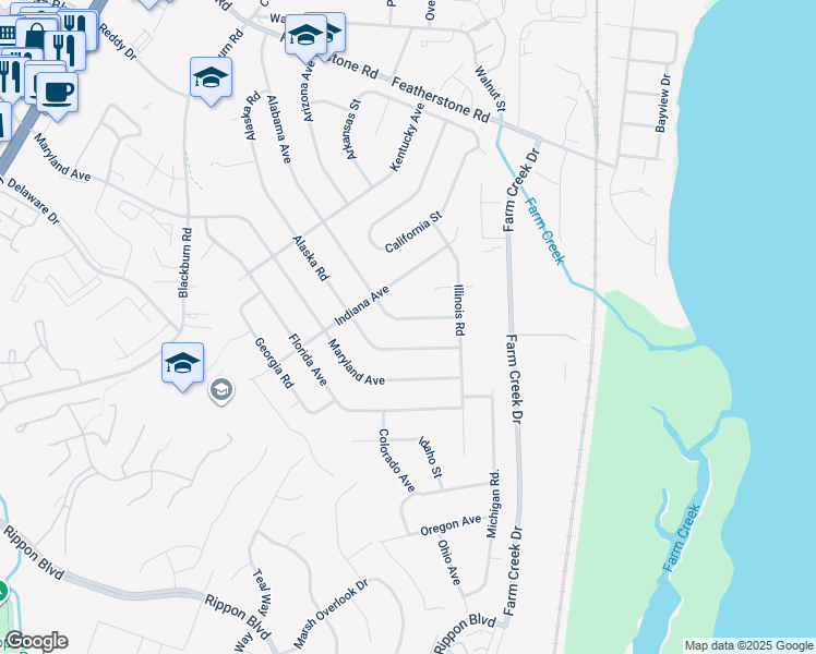 map of restaurants, bars, coffee shops, grocery stores, and more near 15036 Alabama Avenue in Woodbridge