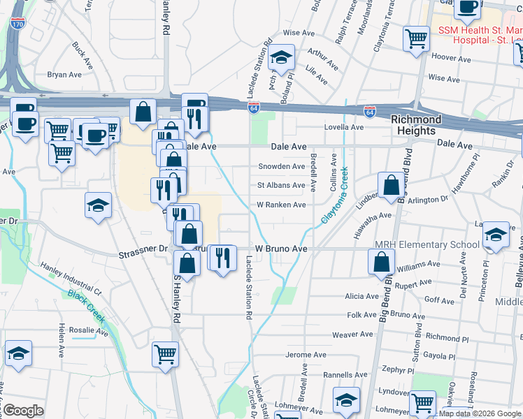 map of restaurants, bars, coffee shops, grocery stores, and more near 7737 West Ranken Avenue in Richmond Heights