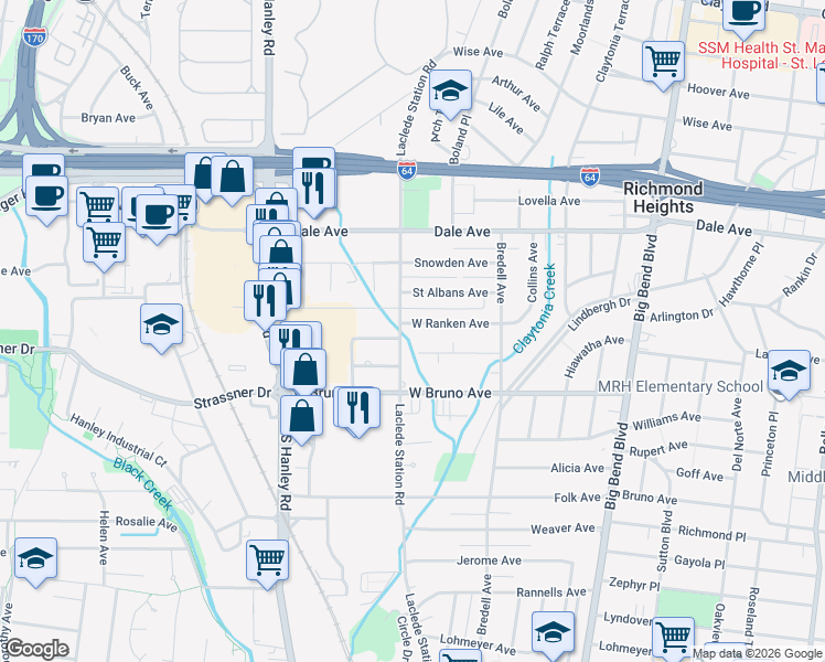 map of restaurants, bars, coffee shops, grocery stores, and more near 1501 Laclede Station Road in Richmond Heights