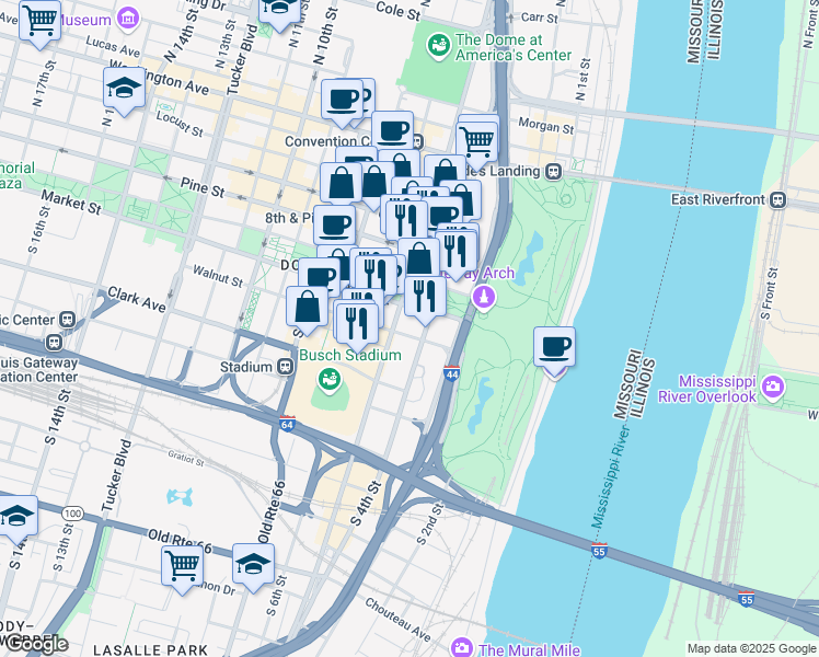 map of restaurants, bars, coffee shops, grocery stores, and more near 2 South 4th Street in St. Louis