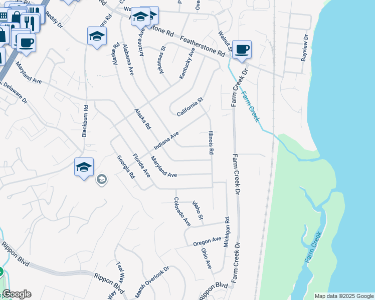 map of restaurants, bars, coffee shops, grocery stores, and more near 15036 Alabama Avenue in Woodbridge