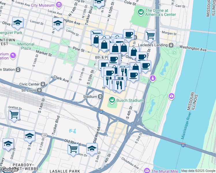 map of restaurants, bars, coffee shops, grocery stores, and more near 8 Cardinal Way in St. Louis