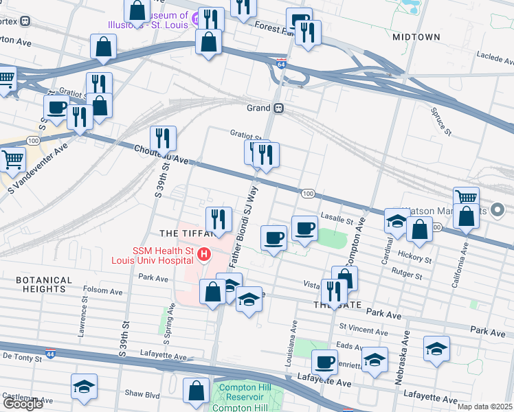 map of restaurants, bars, coffee shops, grocery stores, and more near 1100 South Grand Boulevard in Saint Louis