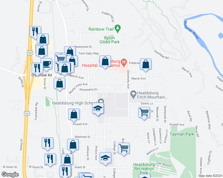 map of restaurants, bars, coffee shops, grocery stores, and more near 325 Monte Vista Avenue in Healdsburg